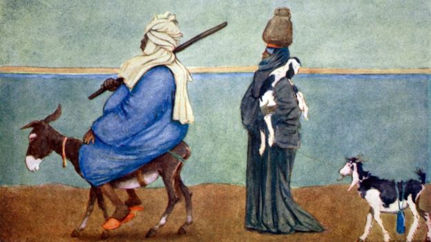 'Une ligne du ciel du Nil' (1908) de l'illustrateur anglais Lance Thackeray, montre un gros Égyptien sur un petit âne frêle et une personne plus pauvre marchant derrière.