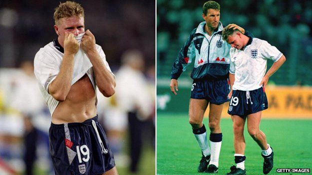 Paul Gascoigne crying and being comforted by Terry Butcher