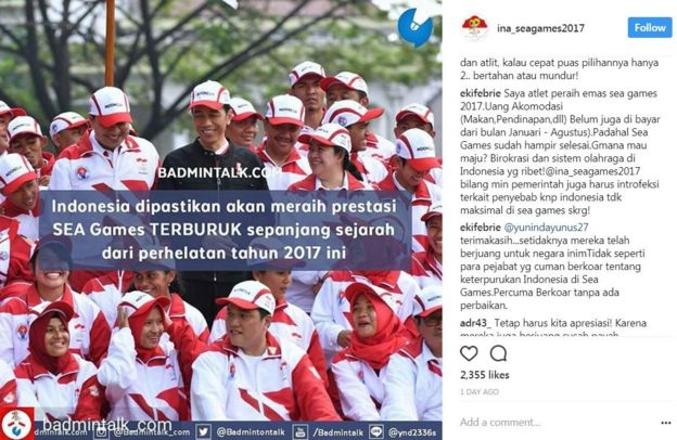 Eki Febri Ekawati mengunggah sejumlah komentar pada akun @badmintontalk tentang keterlambatan pemerintah membayar uang akomodasinya.
