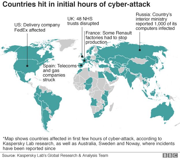 Countries hit in initial hours of cyber-attack