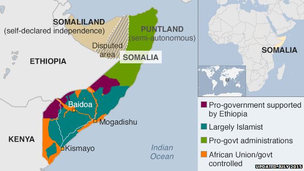 map showing who controls which parts of Somalia