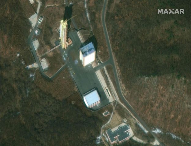 Foto aérea de centro de lanzamiento de satélites en Sohae, Corea del Norte