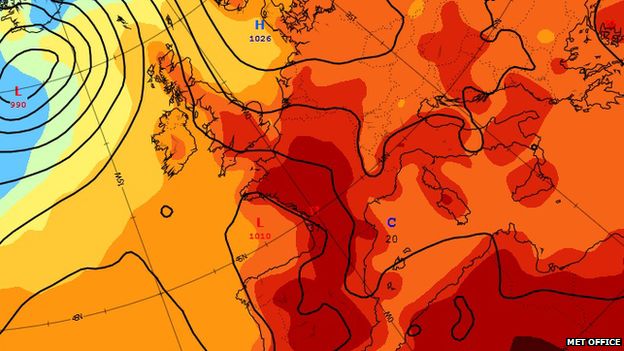 Predicted temperature map for Wednesday 1 July