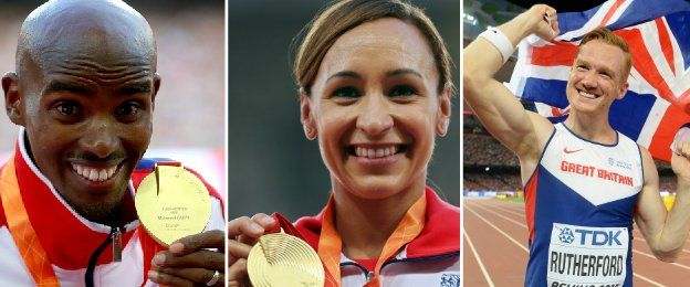 Left to right: Mo Farah, Jessica Ennis-Hill, Greg Rutherford