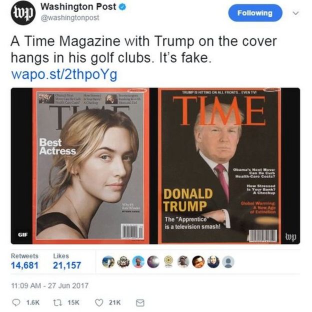 Una portada de la revista Time con Trump colgada en uno de los clubes de golf.