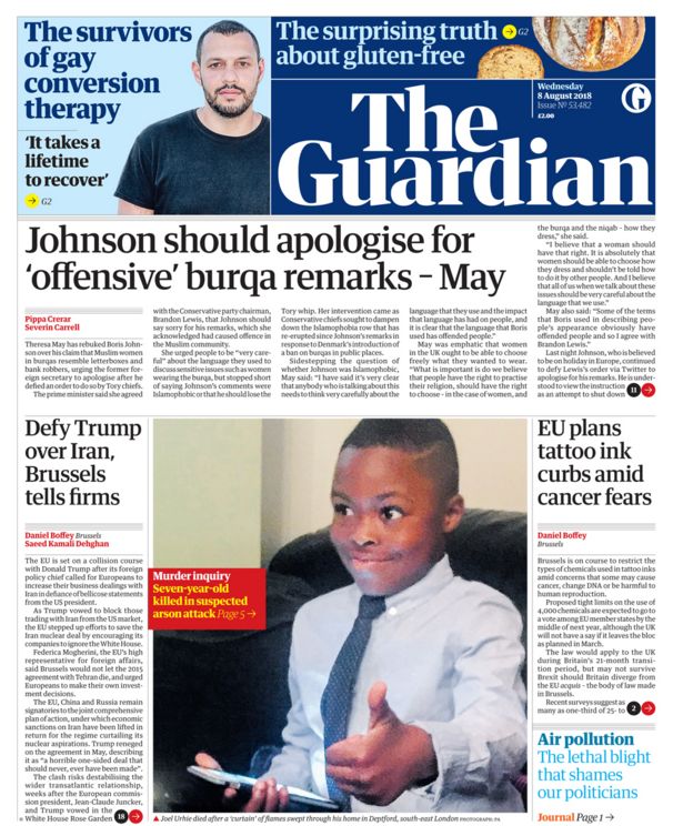 Guardian front page - 08/08/18