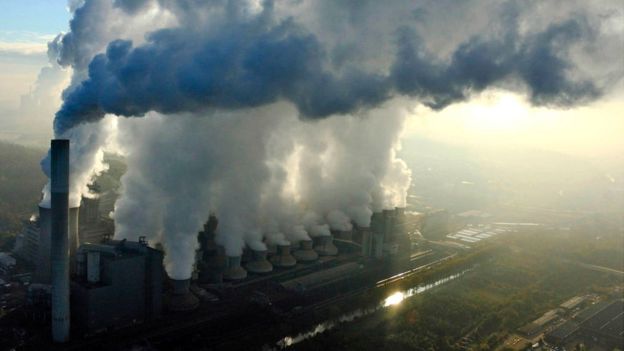 Aerial view of Neurath fired-coal power station showing large amount of fumes and pollution, Cologne, Germany.