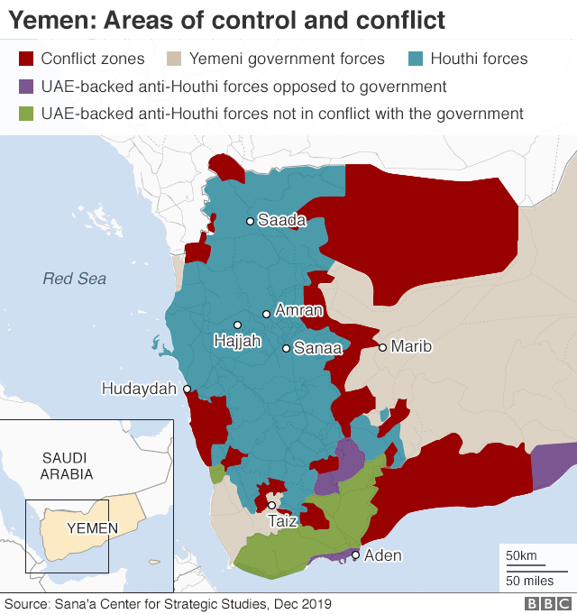 Map of Yemen showing areas of conflict and control (December 2019)