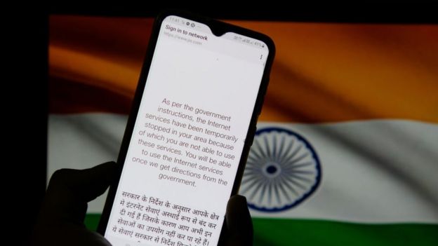 In this photo illustration, a notification message seen displayed on a smartphone regarding internet service being suspended as per the government instructions in Kolkata.