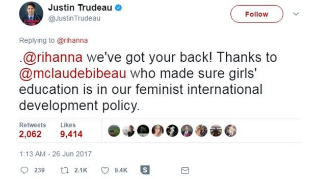 .@rihanna we've got your back! Thanks to @mclaudebibeau who made sure girls' education is in our feminist international development policy.