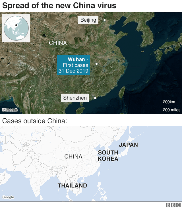 Map showing the cities where the virus has spread in China, and the countries abroad where cases have been reported