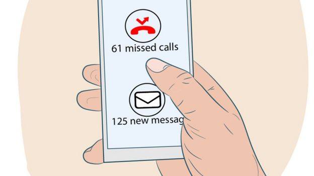 Illustration of a hand holding a phone with missed calls and messages.