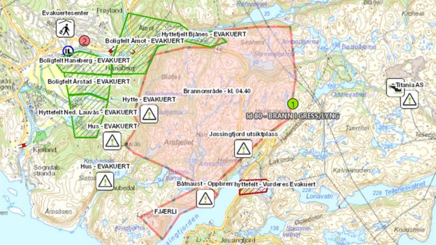 A map shows the area where the fire is burning and the area that has been evacuated