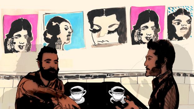 Ilustración de hombres en un café de Bagdad.