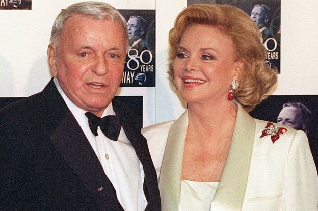 Frank and Barbara Sinatra pictured on 19 November 1995 in Los Angeles after a star studded event to honour his 80th birthday