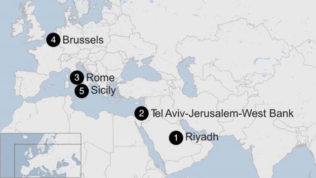 Map showing Donald Trump's first foreign trip - May 2017