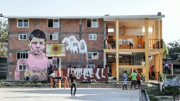 A mural on the side of La 72 migrant shelter in Tenosique, Tabasco, Mexico