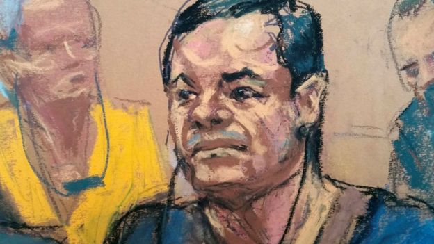 Sketch del Chapo Guzmán en juicio en Estados Unidos.