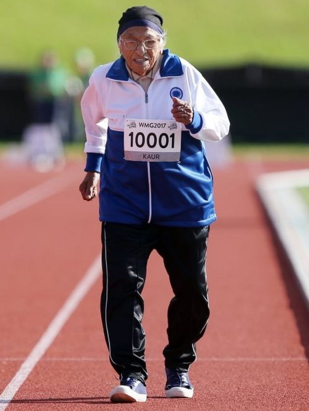 Man Kaur of India, who is 101-years-old, competes in the 100m sprint in the 100+ age category at the World Masters Games at Trusts Arena in Auckland on April 24, 2017
