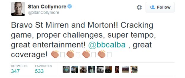 Stan Collymore tweet: Bravo St Mirren and Morton!! Cracking game, proper challenges, super tempo, great entertainment! @bbcalba , great coverage!