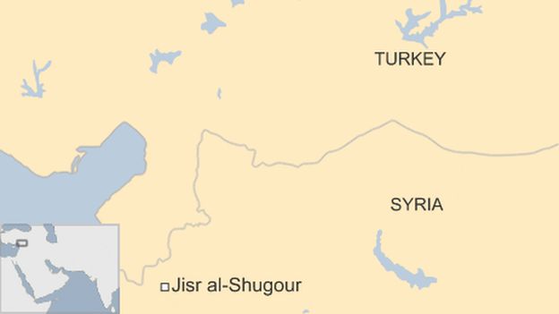 Map of Syria and Turkey, showing Jisr al-Shugour
