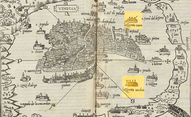 Mapa mostrando la ubicación de Lazzaretto Vecchio y Lazzaretto Nouvo.