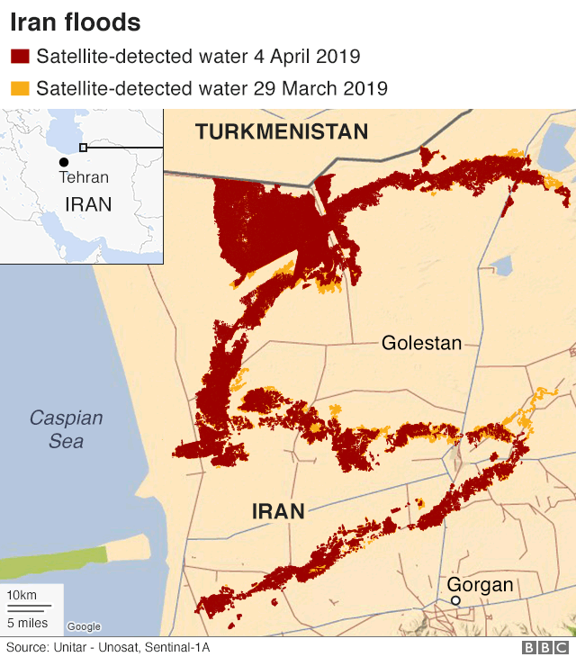 A map showing the extent of the floods on March 29 and 4 April