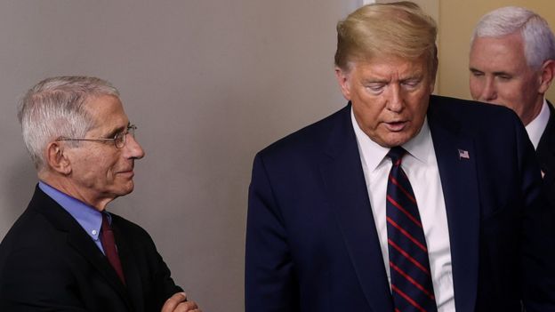 Dr Anthony Fauci ve Başkan Donald Trump basın toplantılarına birlikte katılıyor.