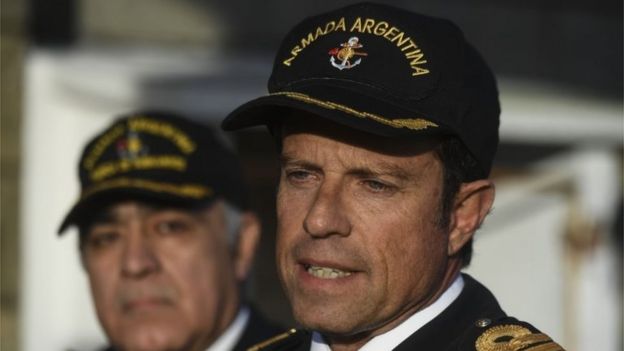 Gabriel Galeazzi speaks with journalists at Argentina's Navy base in Mar del Plata, on the Atlantic coast south of Buenos Aires, on November 19, 2017