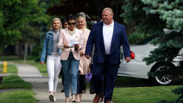 Progressive Conservative leader Doug Ford arrives to vote in Toronto with his family