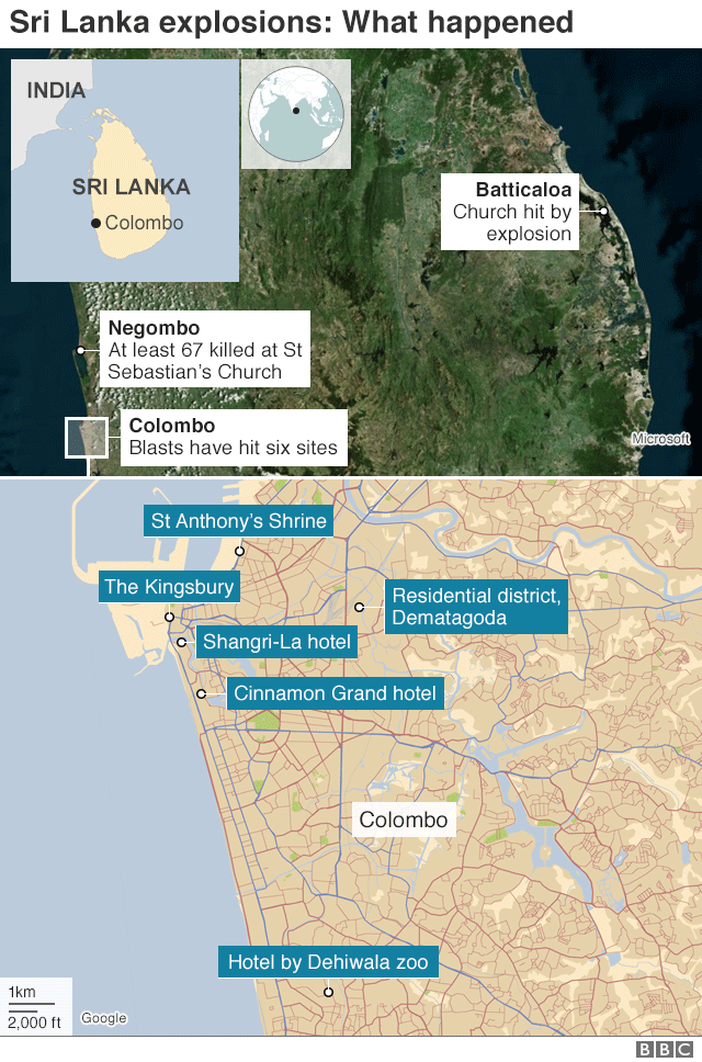 Map showing locations of explosions