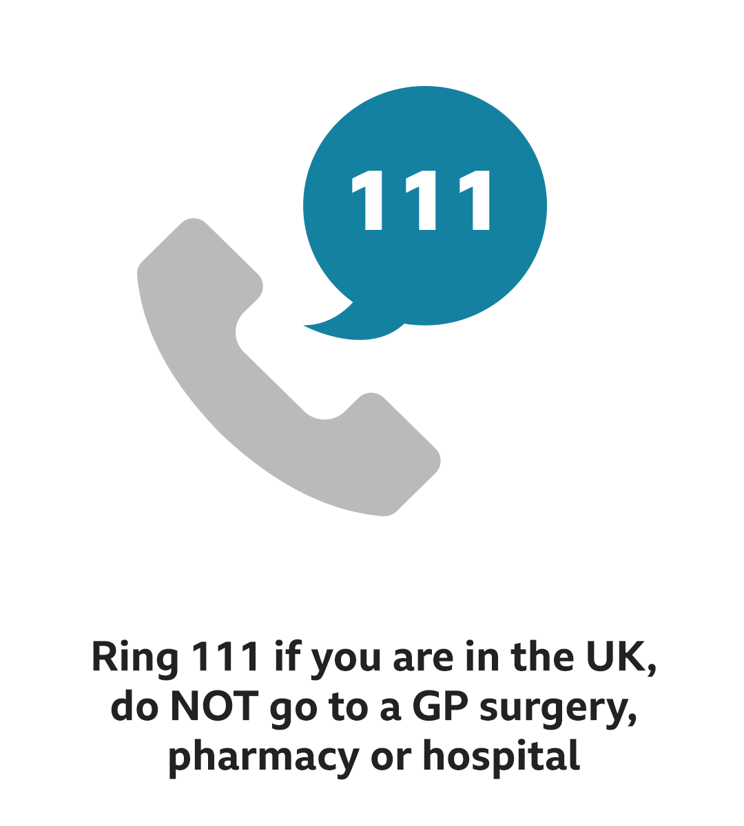 Text reads: Ring 111 if you are in the UK, do NOT go to a GP surgery, pharmarcy or hospital