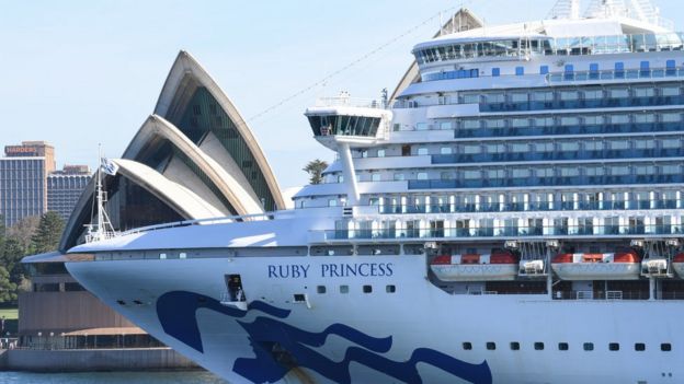 An empty Ruby Princess cruise ship heading past Sydney Opera House and out of Sydney Harbour on 19 March.
