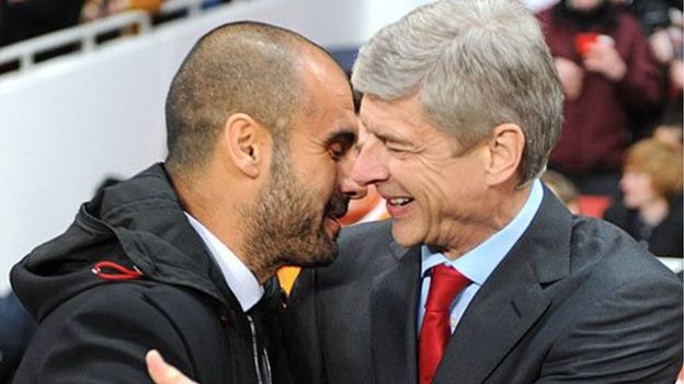 Pepe Guardiola kushoto na Arsene Wenger Kulia