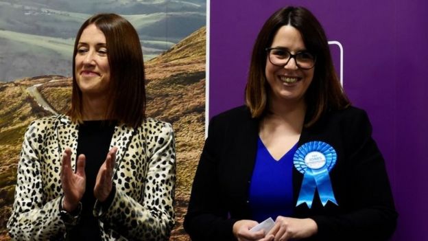 Jane Dodds applauds victorious Tory candidate Fay Jones. Reuters