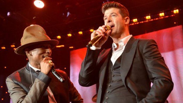 Pharrell Williams and Robin Thicke at the 2015 Grammys