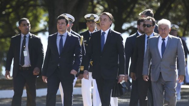 O Presidente Jair Bolsonaro e o ministro da Justiça, Sergio Moro durante Cerimônia de Comemoração do 154 Aniversário da Batalha Naval do Riachuelo