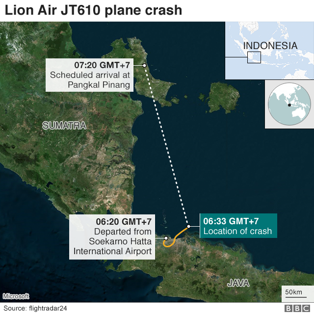 Map showing Jakarta and Pangkal Pinang, the flight path and crash site