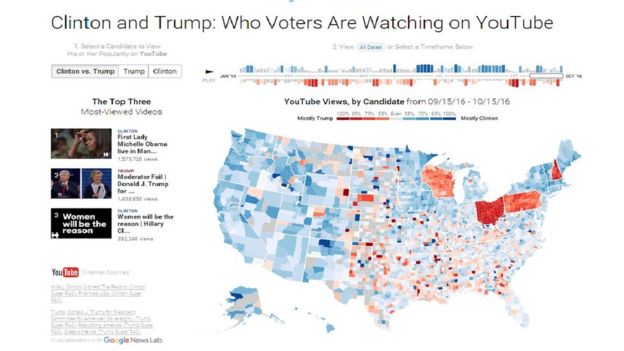 Mapa que muestra los videos más vistos en Youtube durante la campaña.