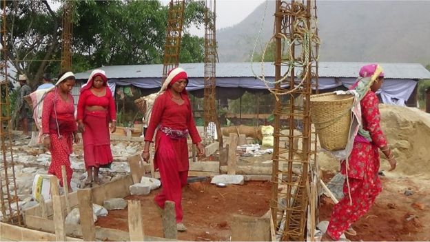 Women at the building site in Bidur in Nuwakot district