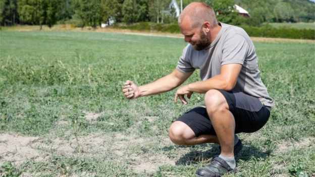 Un hombre en Noruega con un puño de tierra