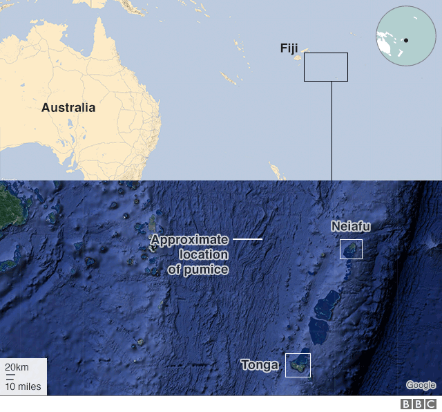 A map showing a pumice 'raft' floating through the Pacific