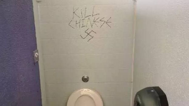 A message scribbled on a wall at a Sydney university last year says "kill Chinese" alongside a swastika