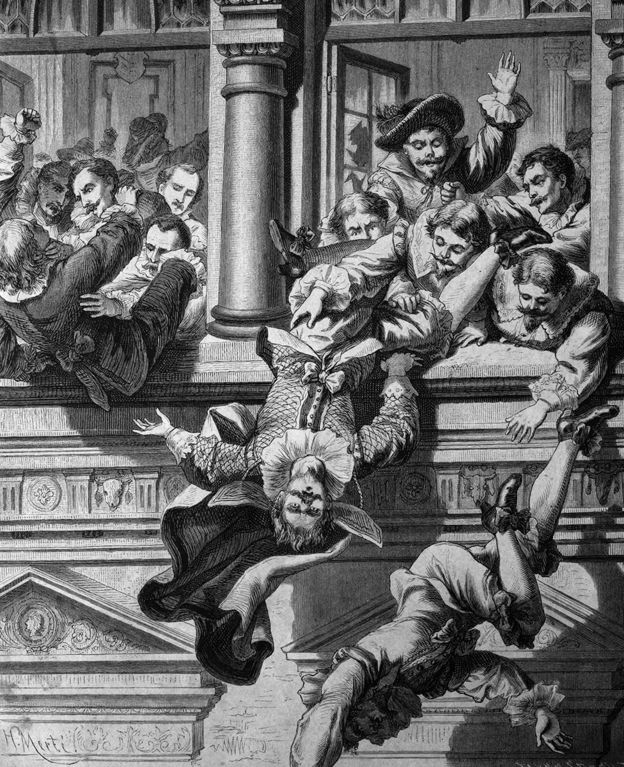 Ilustración mostrando el momento en el que arrojan a los hombres por la ventana