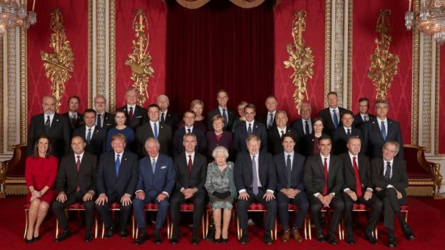 Leaders of Nato alliance countries, and its secretary general, join Britain's Queen Elizabeth and the Prince of Wales