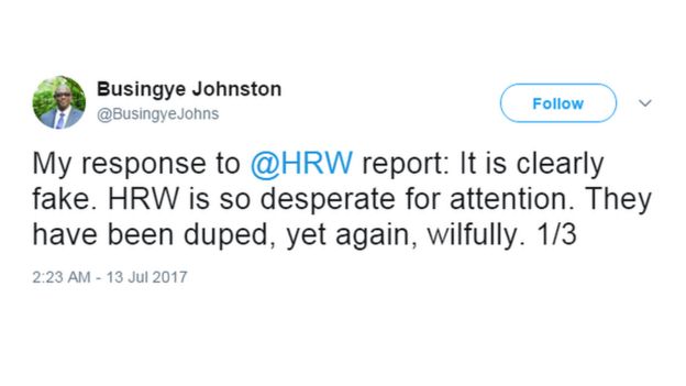 A screengrab of the Rwandan Justice Minister's tweet, which reads: 'My response to [the] HRW report. It is clearly fake. HRW is so desperate for attention. They have been duped, yet again, wilfully.'