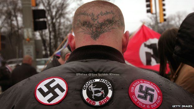 Neo-Nazi protestors organized by the National Socialist Movement demonstrate near where the grand opening ceremonies were held for the Illinois Holocaust Museum & Education Center 19 April 2009