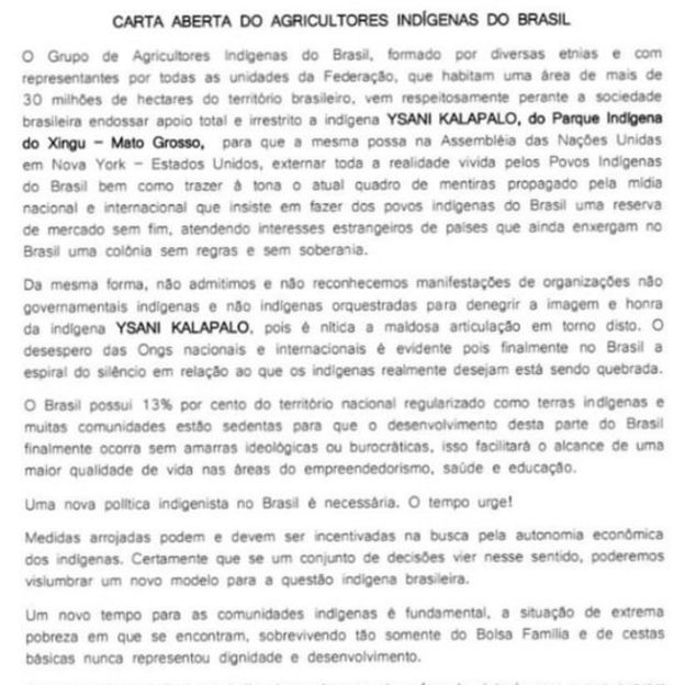 Carta de associação em defesa de Ysani