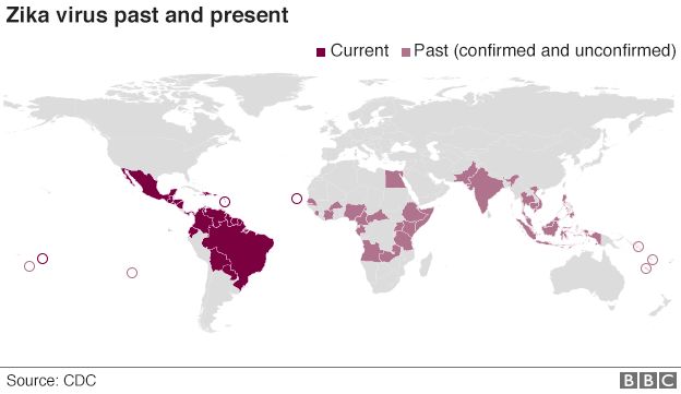 World map showing past and present cases of Zika virus