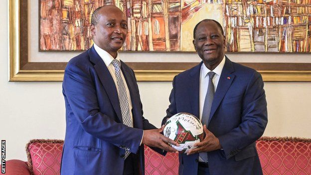 Confederation of African Football president Patrice Motsepe and Ivorian President Alassane Ouattara